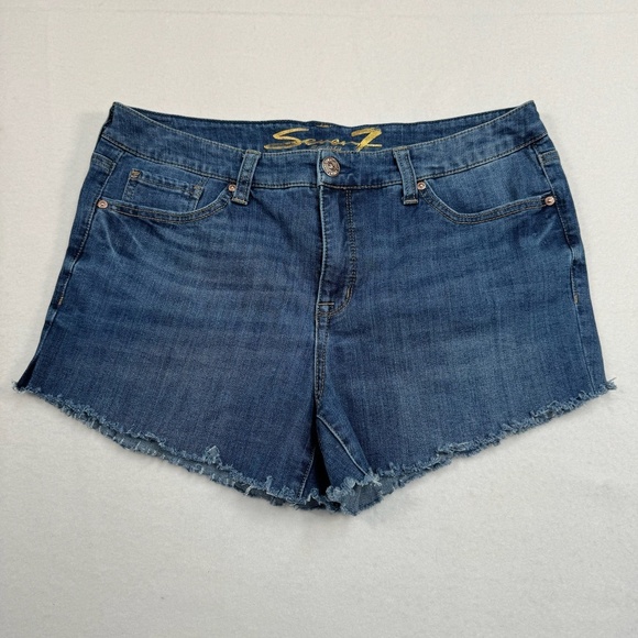 Seven 7 For All Mankind Weekend Short Size 12 High Rise Dark Wash Raw Hem - Picture 1 of 10